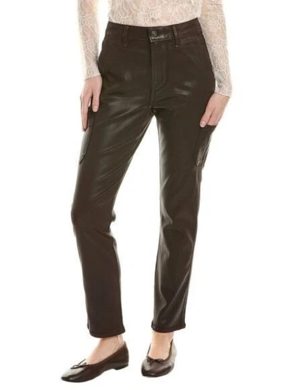 NWOT Paige Jolie Coated Slim Straight High Cargo Jeans Chicory Coffee Brown 24